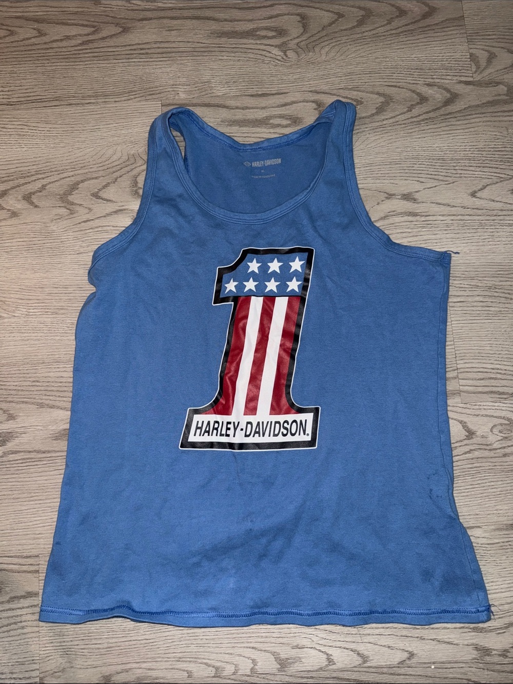 Harley-Davidson Women's Light Blue Tank with Red, White & Blue '1' Graphic